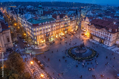 Aerial night view of the historic Prague city center
