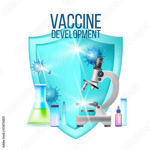 Vaccine development concept in realistic style with blue shield, microscope, bottles. Clinical research illustration isolated on white with COVID-19 virus images, vials. Health care clipart