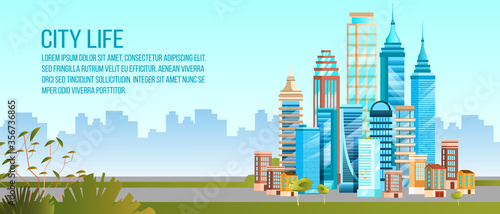 City life background in flat style with modern buildings, cityscape, copy space. Urban landscape with skyscrapers, houses, green bushes. Downtown office center concept in blue colors