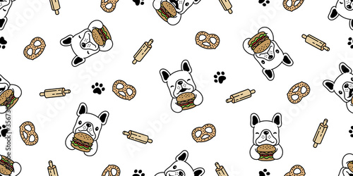 dog seamless pattern french bulldog vector hamburger pretzel bakery baked food puppy pet repeat wallpaper tile background scarf isolated cartoon doodle illustration design