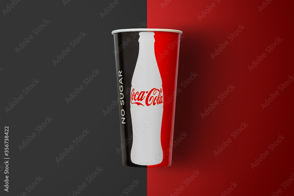 BANGKOK, THAILAND - June 10, 2020: Zero Coca-cola paper cup on black ...