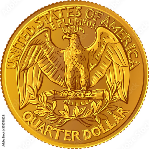 American money, United States Washington quarter dollar or 25-cent Gold coin, the national bird of USA Bald eagle with wings spread on reverse