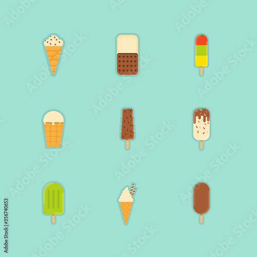 Ice cream icons set on blue background. Ice cream, horn, popsicle, straw, frozen juice. Bright colours. Isolated image. Flat style. Vector