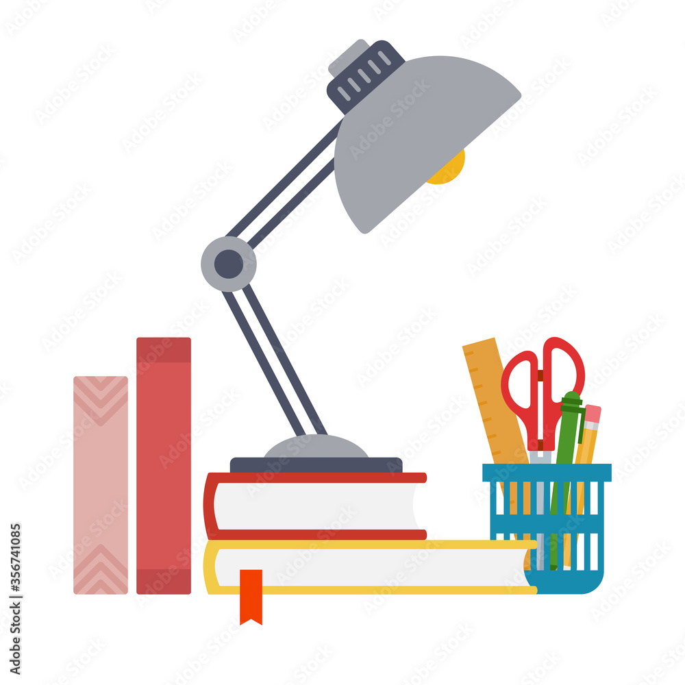 Lamp on books, tools in a cup and hardcover folders vector flat isolated Lamp on books, tools in a cup and hardcover folders vector flat isolated