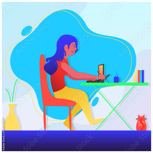 young woman drawing sitting on a chair working and drinking coffee