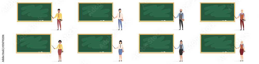 Set of happy teachers near the blackboard. Teaching at an educational institution. Flat style. Vector illustration
Set of happy teachers near the blackboard. Teaching at an educational institution. Flat style. Vector illustration