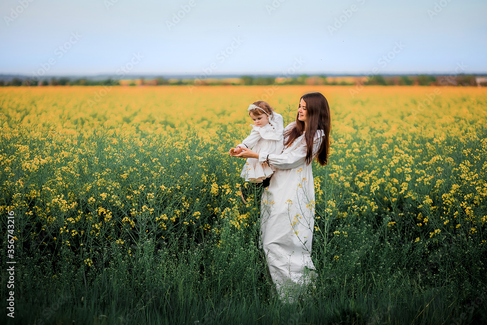 Fototapeta premium Семья, закат, рапсовое поле