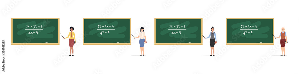 Set of happy teachers near the blackboard. Teaching at an educational institution. Flat style. Vector illustration
Set of happy teachers near the blackboard. Teaching at an educational institution. Flat style. Vector illustration