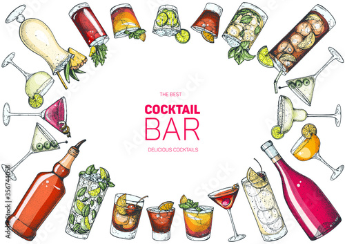Alcoholic cocktails hand drawn vector illustration. Cocktails set. Bar menu design elements. Hand drawn collection.