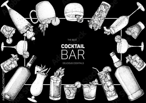 Alcoholic cocktails hand drawn vector illustration. Cocktails set. Bar menu design elements. Hand drawn sketch collection.