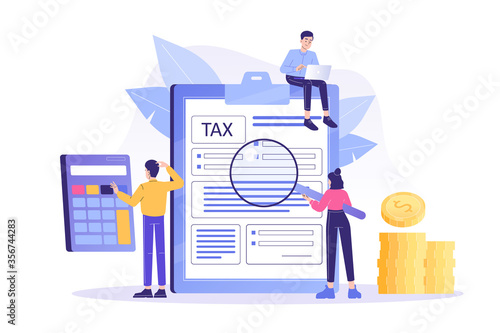Online Tax Payment Concept. Young people filling application for tax form. Online tax submitting system. Calculating payment check. Isolated modern vector illustration for web, banner, flyer, poster