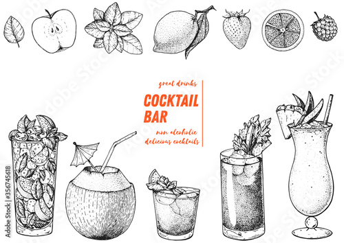 Alcoholic cocktails hand drawn vector illustration. Cocktails sketch set. Engraved style. Mojito, coconut cocktail, mai tai, bloody mary, pina colada.