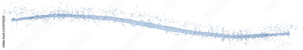 Long thin light blue curved jet of water with many small drops isolated on white background. 3D illustration