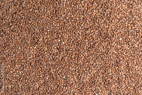 Roasted buckwheat groats texture. Scattered grains, food background, texture idea