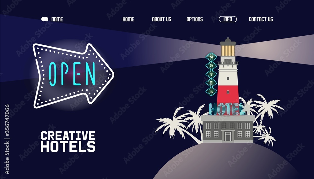 Neon banner, creative hotel open for visitors at night vector illustration. Motel building in lighthouse on coast with bright sign to attract customers. Ray light from top, palm trees.