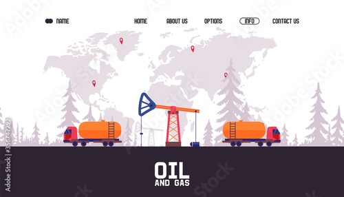 Oil and gas mining vector illustration. High structure for mining, machine for collecting substances. Against background world map, labels at places mineral extraction illustration.