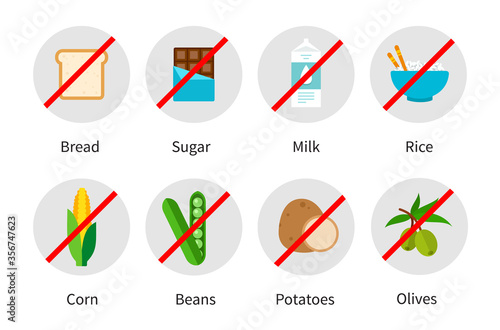 Collection flat vector icons junk meals from keto food pyramid isolated on white background.