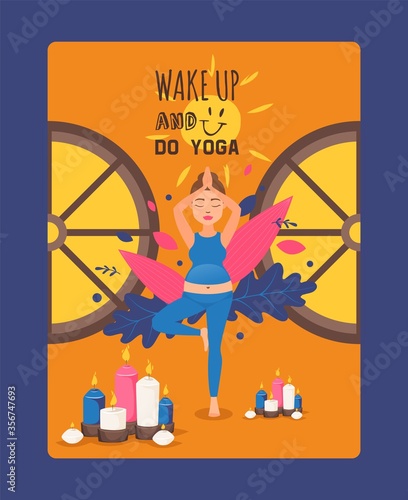 Wallpaper Mural Wake up and do yoga during pregnancy final vector illustration. Pregnant girl in tracksuit perform exercises for stretching and meditation. Soothing atmosphere during child bearing. Torontodigital.ca