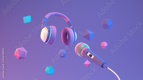 3d illustration or a 3d render of  music sound effect microphone mic singing song  dance video animation notes fly in air cable wire listen hear melody instrument live play pause sing background copy 