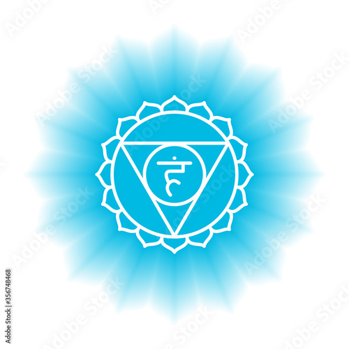 Vishuddha icon. The fifth guttural chakra. Vector blue gloss and shine. Line symbol. Sacral sign. Meditation