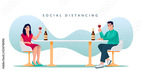 Couple sitting with social distancing in restaurant. Vector illustration. Distance in public place safety concept