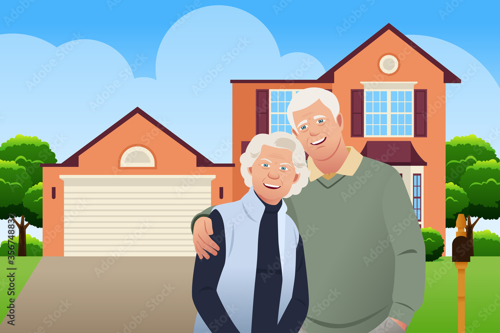 Retired Senior Couple in Front of Their House Vector Illustration Retired Senior Couple in Front of Their House Vector Illustration