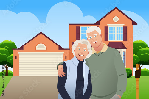 Retired Senior Couple in Front of Their House Vector Illustration