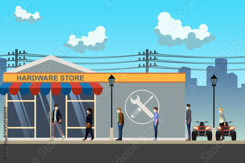 People Shopping Social Distancing at Store Vector Illustration