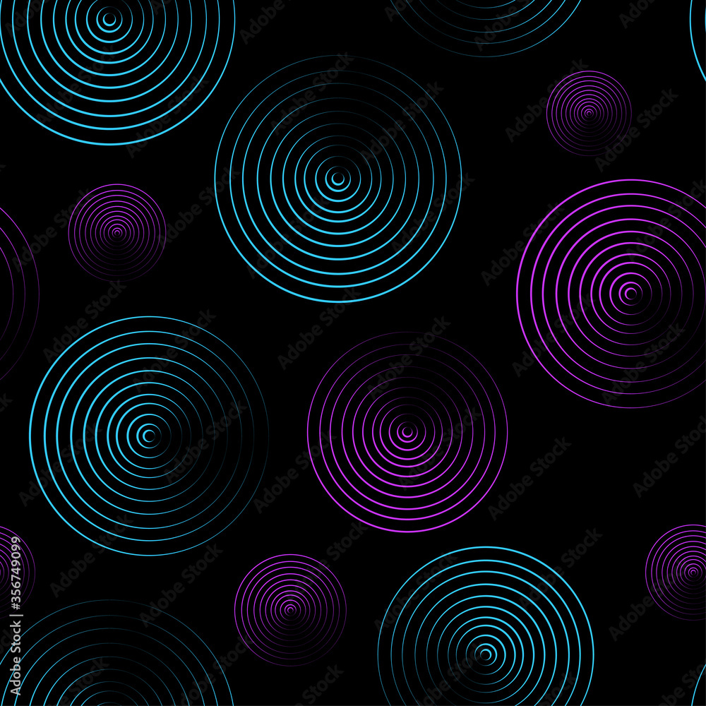 Concentrated blue and violet circles pattern on black. Vector repeating abstract background for textile, fabrics, wallpaper, print, cover, backdrop, surface, banner, package design Concentrated blue and violet circles pattern on black. Vector repeating abstract background for textile, fabrics, wallpaper, print, cover, backdrop, surface, banner, package design