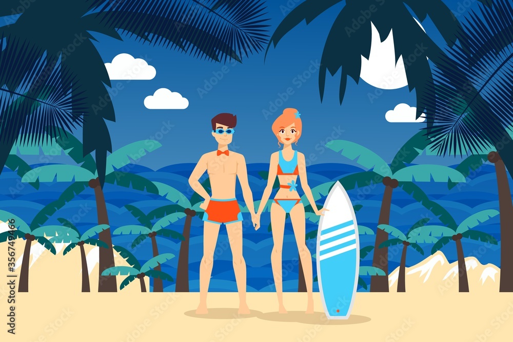 Sea activities result. Surfing on tropical island shore vector illustration. Man and woman in bathing suit standing on beach, board for riding on ocean waves. Vacation hobbies, sports activities.