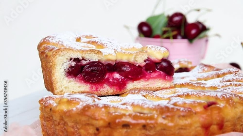 Tasty homemade cherry pie sweet take cut piece close up