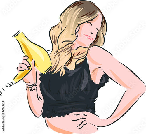 Quietly rustling hair dryer blowing a girl's delicate hair