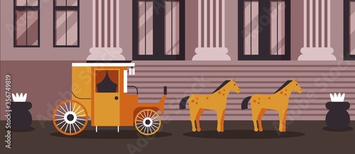 Sherlock result, horse-drawn cab vector illustration. Public transport stands near large building with columns government use outside. Detective disguise in cartoon hired carriage.
