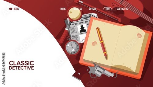 Classical detective landing banner, sherlock holmes result vector illustration. Webpage stories library about famous detective. Notebook with fountain, revolver, magnifier and clock on table.