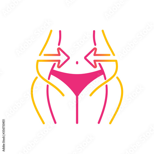 Losing weight icon - diet, fitness or liposaction logo - fat woman  body in dashed line and slim figure in main color with tape measure entwined around - conceptual vector illustration