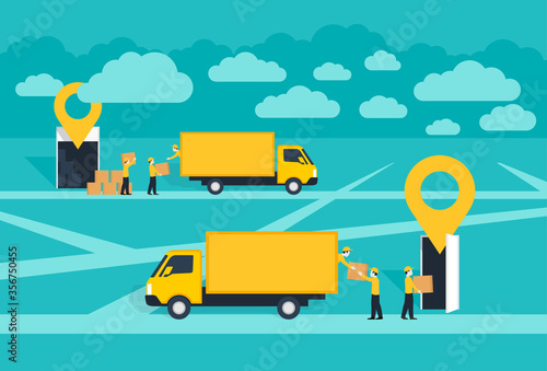 Door-to-door delivery service conceptual illustration - cargo truck shipment with loaders team from warehouse to destination point with geolocation pins (GPS marks) upside dispatch and delivery points