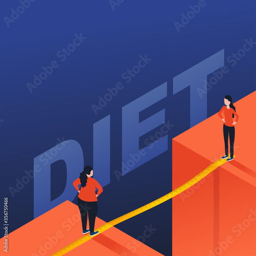 Weight loss diet before and after concept - woman before and after program facing an abyss with bridge in measuring tape association - isometric illustration