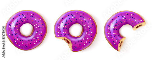 Three donuts on white background. Sweet donut with glaze and stuffing. Realistic vector illustration.