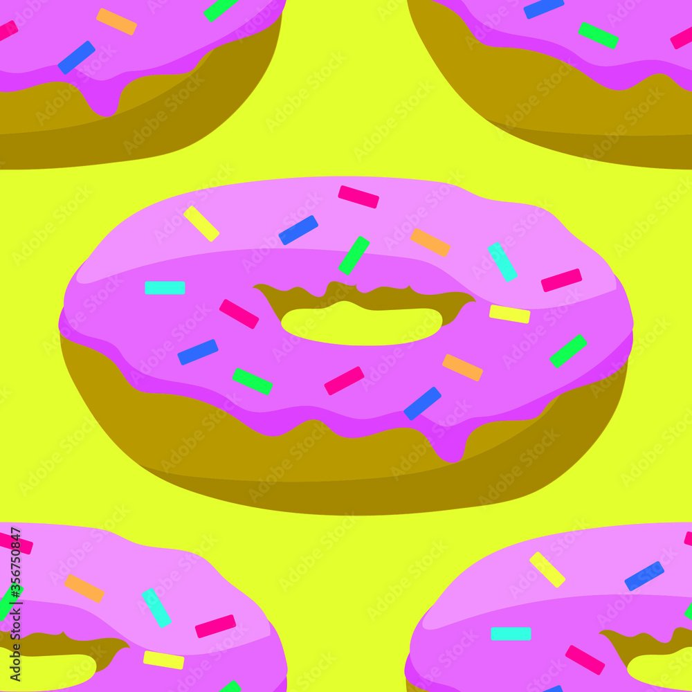 Fototapeta premium Donuts on a yellow background, seamless pattern, vector illustration