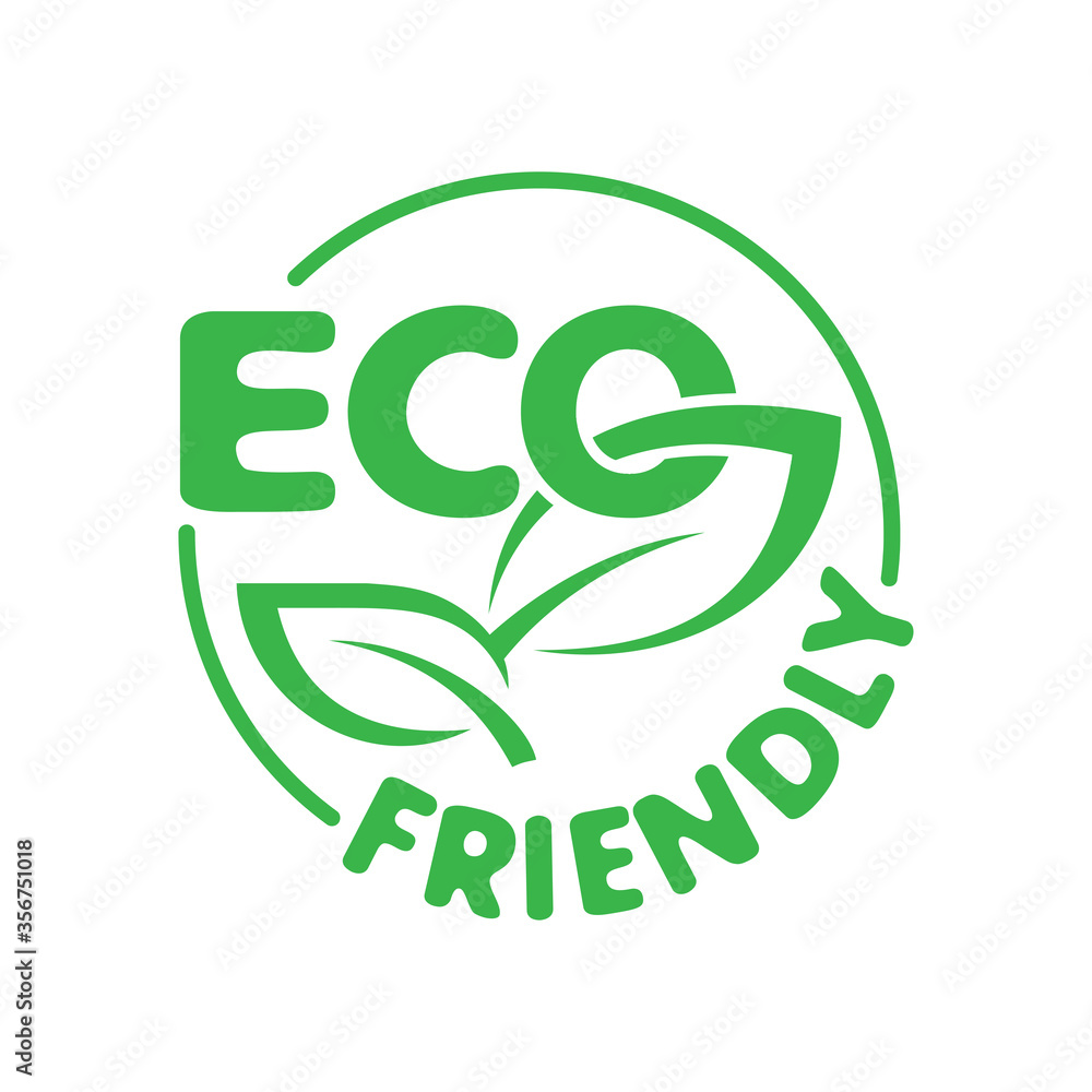 Eco friendly stamp for healthy or natural food products, cosmetics or technology packaging marking - circular green eco emblem with leaves Eco friendly stamp for healthy or natural food products, cosmetics or technology packaging marking - circular green eco emblem with leaves