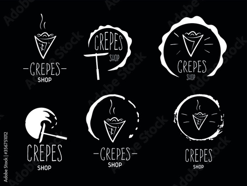 Hand drawn logos of crepes black background. Doodle vector illustration. photo