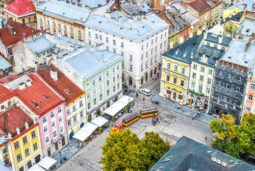 Market square in Lviv top view, Ukraine