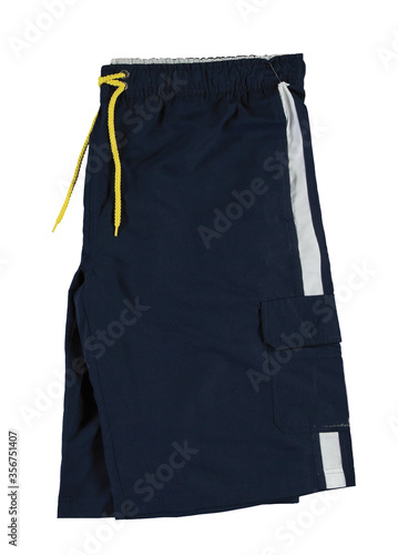Folded summer men’s shorts on an elastic band with a yellow shoelace. Velcro side pocket. Color navy.