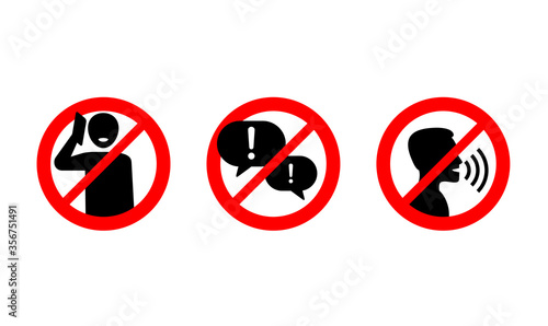 No phone talking, silence please, keep quiet - prohibition vector sign in three variations - vector icons set