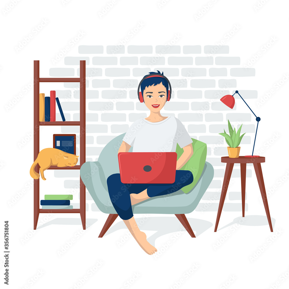 Fototapeta premium Young happy girl in home clothes is sitting in a chair with a laptop in headphones. Vector illustration of programmer coding, freelance. Remote work from home. Distance learning. Online shopping
