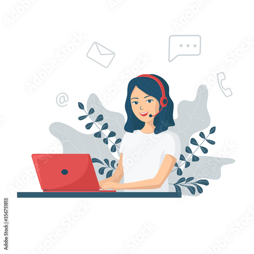 Young smiling woman with headphones and a microphone with a laptop.Concept illustration for customer service, assistance, call center. Online customer support and helpdesk. Cartoon vector illustration