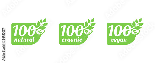 100 natural, 100 organic, 100 vegan tag for healthy food, vegetarian nutrition in modern leaf shape - vector sticker set, 3 variations