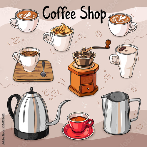 Vector coffee set. Cups of coffee, manual coffee grinder, milk pitcher and kettle.