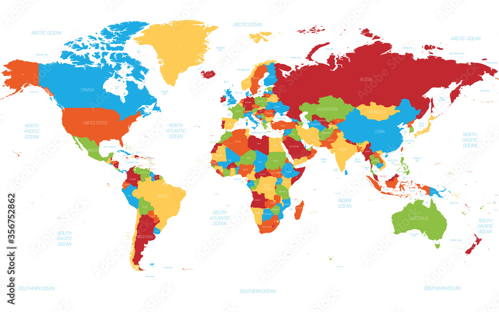Fototapeta premium Mapa świata. Wysoka szczegółowa mapa polityczna świata z nazwami krajów, oceanów i mórz. Mapa wektorowa schemat 5 kolorów na białym tle
