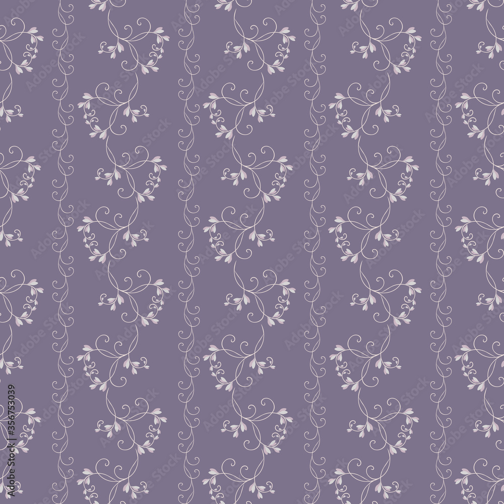 Subtle vector floral seamless pattern. Simple ornament with small leaves, curved branches, curly twigs. Abstract vintage background in pastel colors, lilac and purple. Liberty style millefleurs design Subtle vector floral seamless pattern. Simple ornament with small leaves, curved branches, curly twigs. Abstract vintage background in pastel colors, lilac and purple. Liberty style millefleurs design